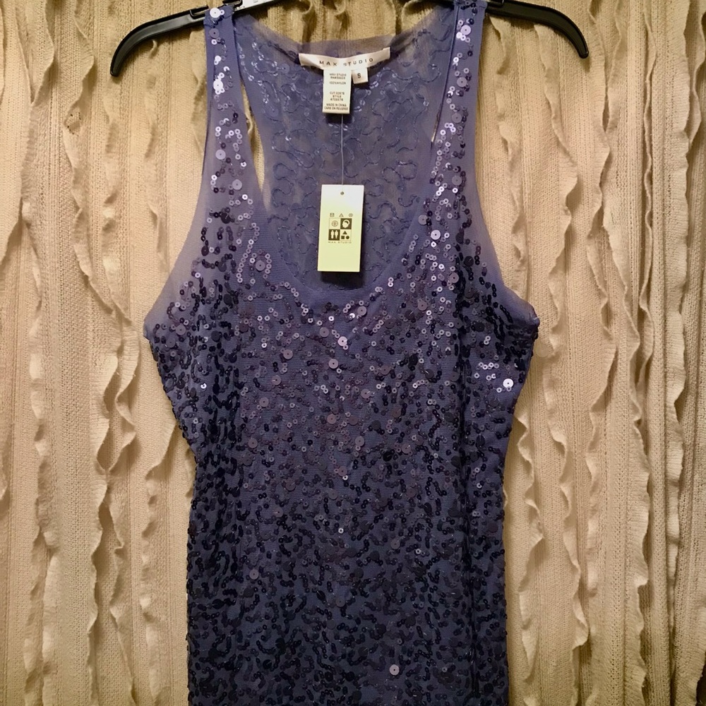 Max Studio  New Sheer Mesh Periwinkle Blue Tank Top w/ Sequins Size Small